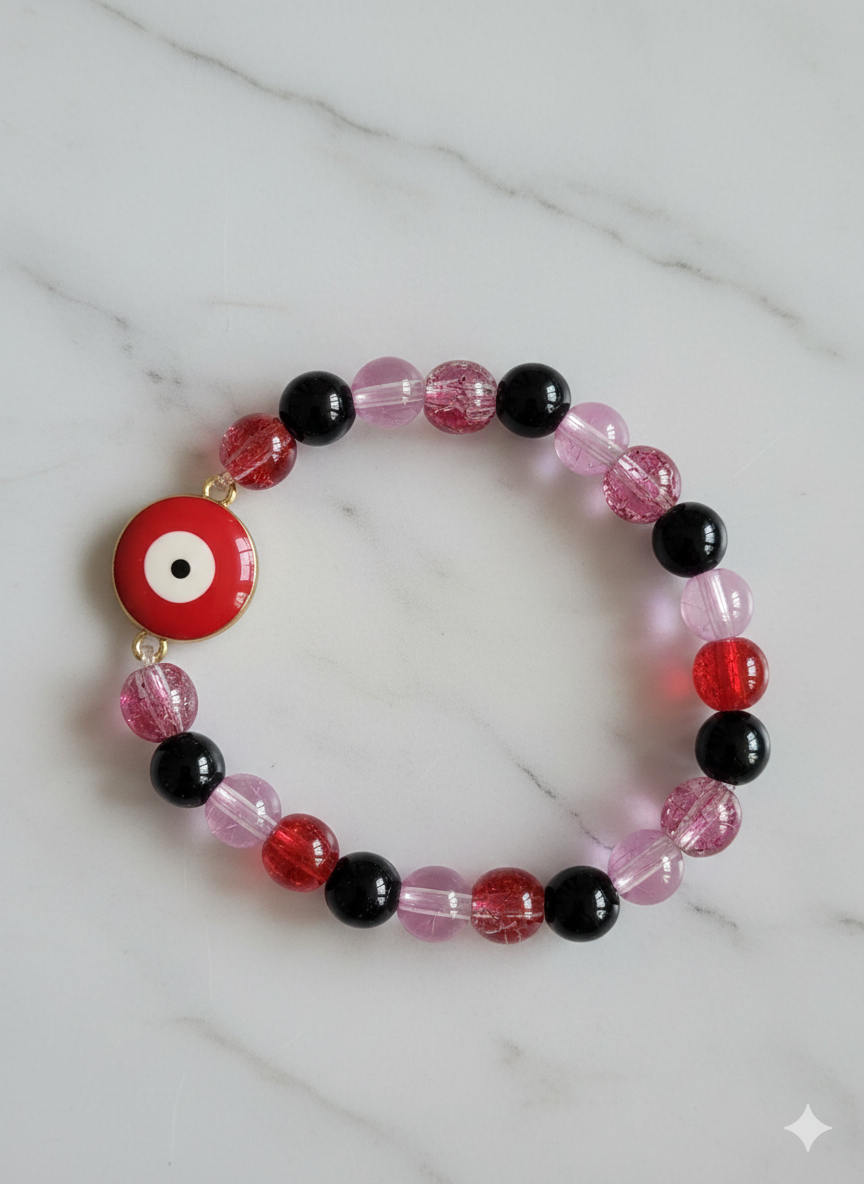 Crimson Eye & Berry Crackle Handmade Evil Eye Bracelet
